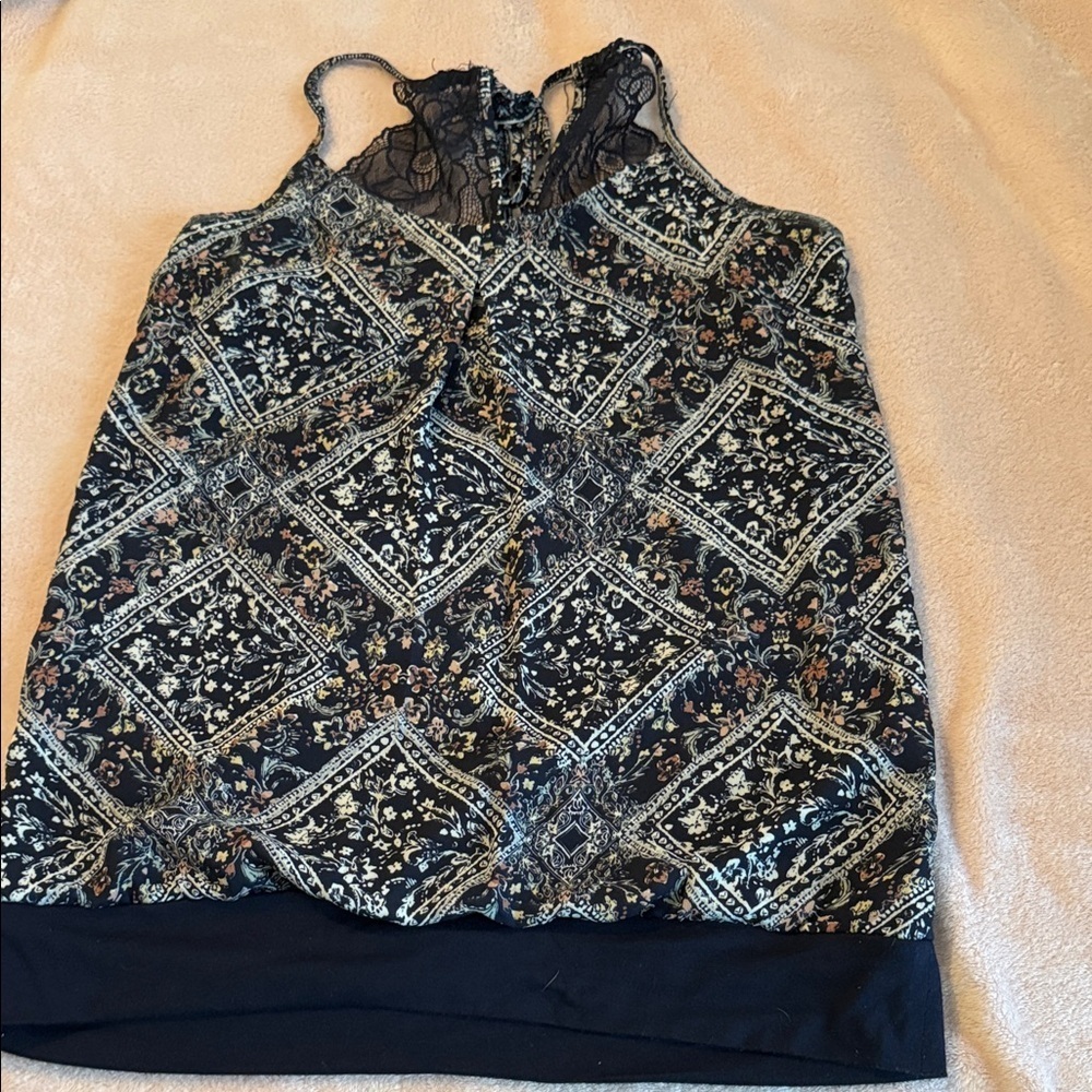 Maurices Navy Blue and Cream Patterned Blouse